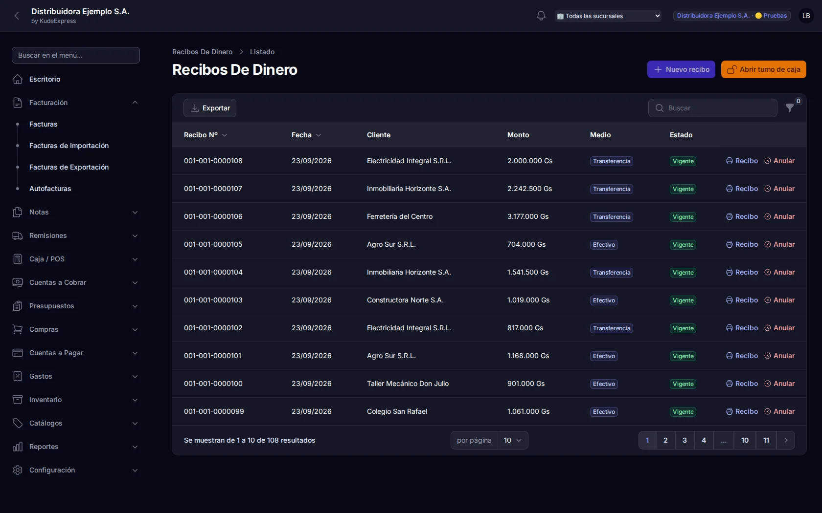 Lista de recibos de dinero