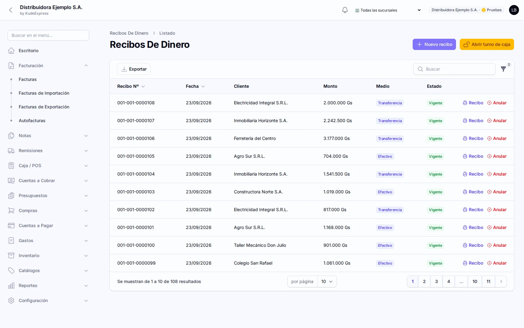 Lista de recibos de dinero
