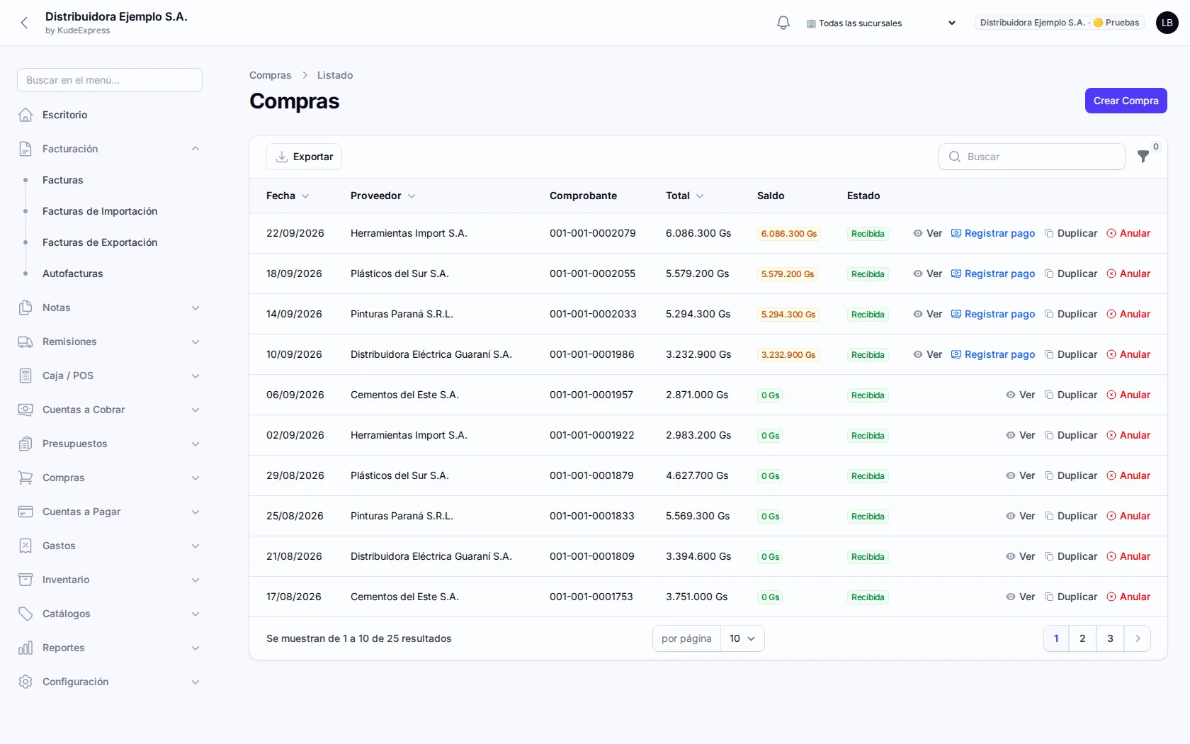 Lista de compras a proveedores con su estado