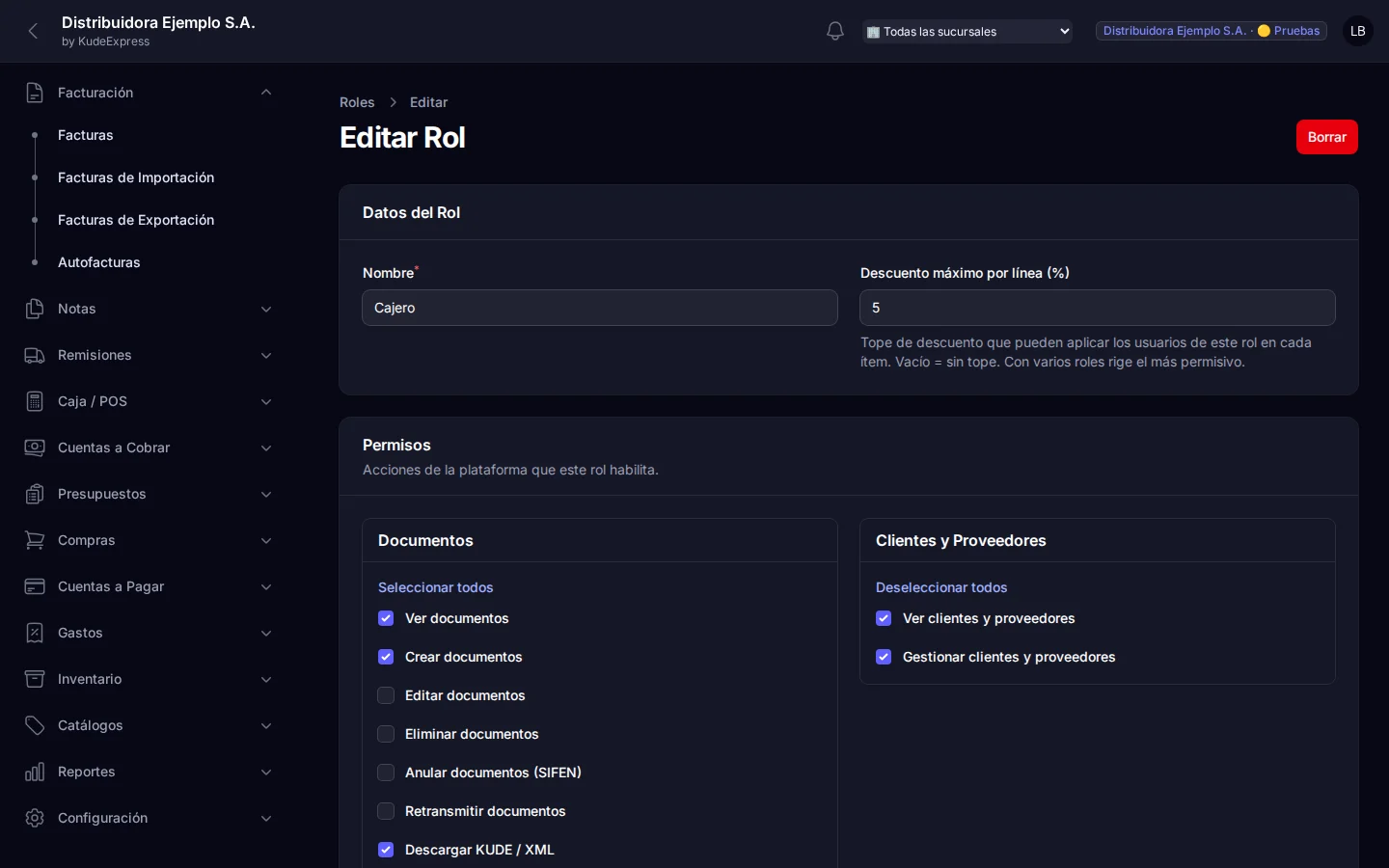 Edición de un rol con sus permisos por módulo